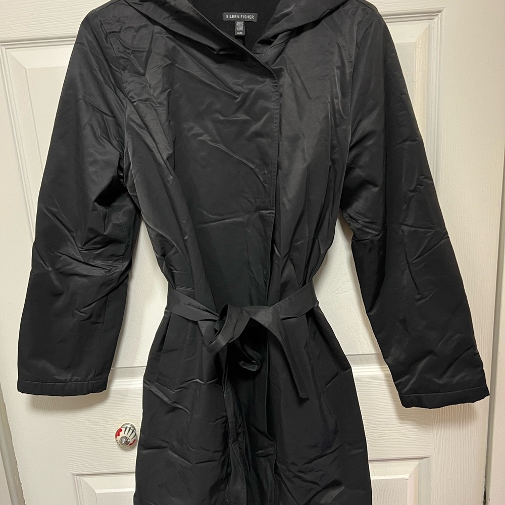Eileen Fisher Mid-Length Lined Black Belted Trench Coat With Hood |Size MD